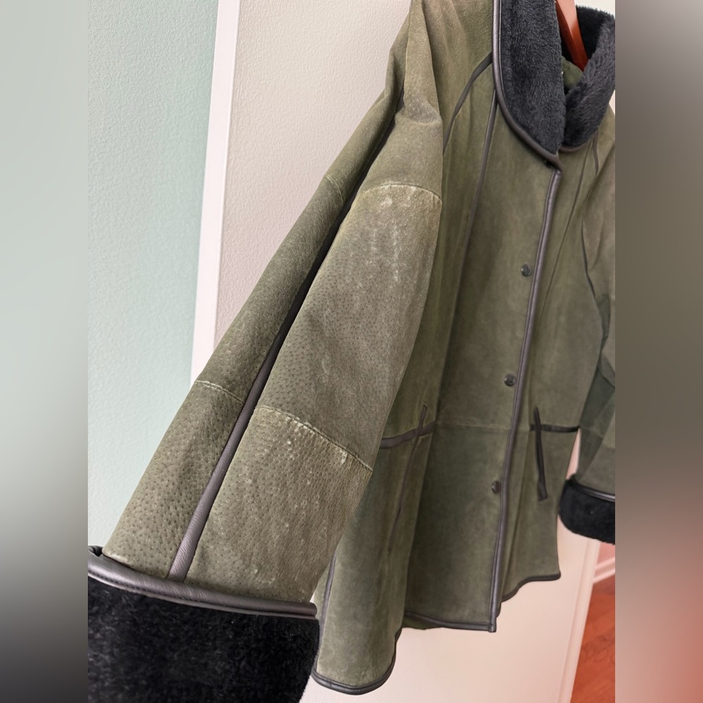 Vintage Claire Neuville green suede leather jacket coat faux fur collar/cuffs - Picture 2 of 10
